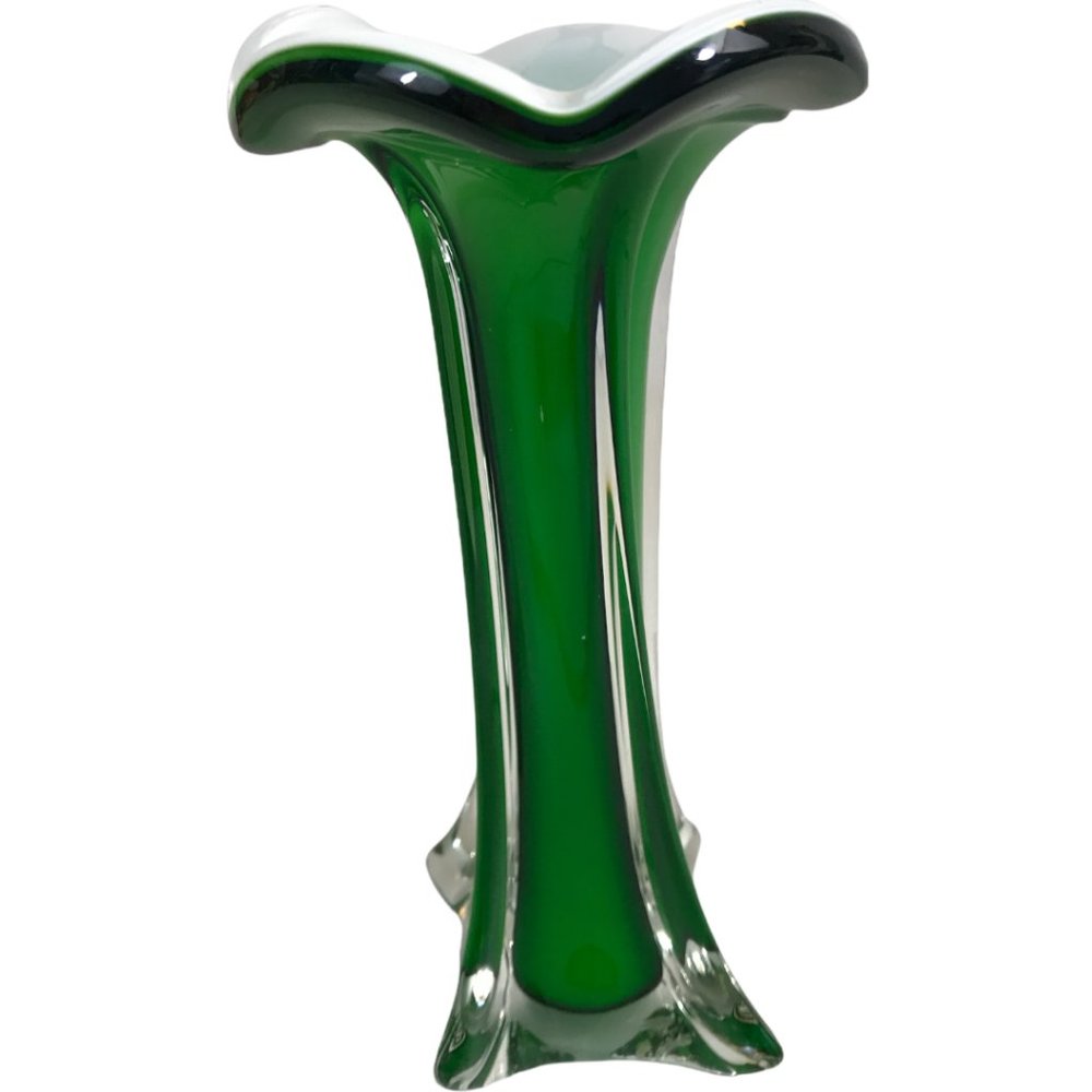 Vintage French? Vase Art Nouveau Cased Clear Glass Crystal 7.5" Green White